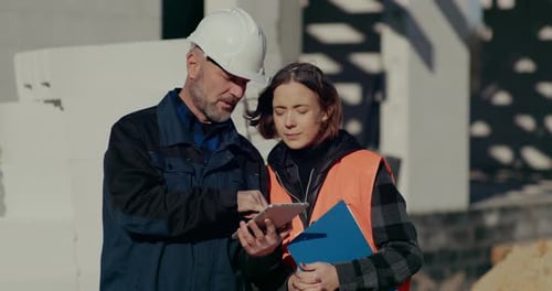 Concentrated Engineers Discussing Examining and Developing at Construction Site