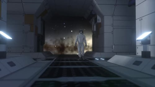 Astronaut Walking Through Spaceship Corridor Towards Outer Space