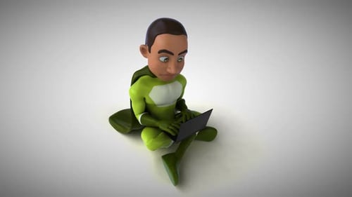Fun 3D cartoon superhero typing on a laptop