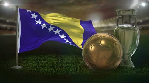 Bosnia and Herzegovina Flag Waving with Golden Football and Trophy