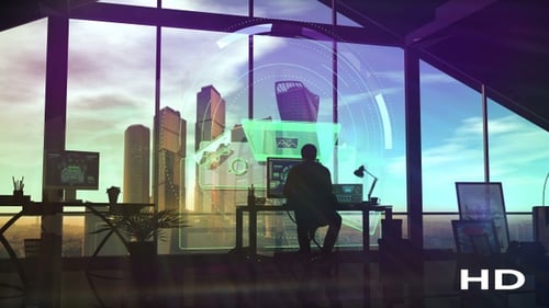 The designer works in his office on the infographics background HD