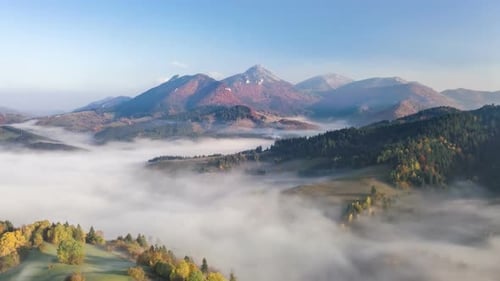 Luftaufnahme des Misty Country Forest Park Valley in den alpinen Bergen in sonniger Herbstnatur