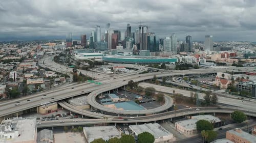 Scenic Downtown Los Angeles Aerial View. Busy Highway Overhead Drone View