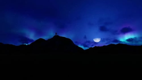 Romantic Couple Silhouetted by Vibrant Aurora Borealis Animation