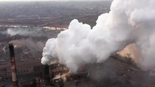 GLOBAL WARMING, View of High Chimney Pipes with Grey Smoke, Pipes Pollute Industry