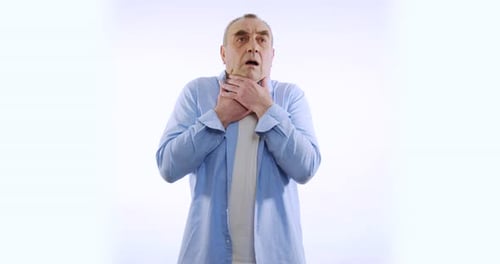 Man Grabs Throat, Choking on White Background