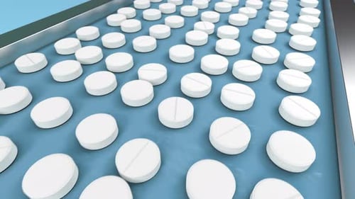 White pills on the conveyor line of pharmaceutical factory moving for packaging 4k