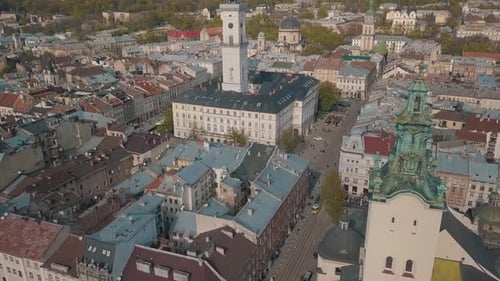 Aerial City Lviv, Ukraine. European City. Popular Areas of the City. Town Hall