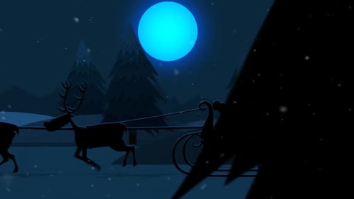 Weihnachtsmann fährt mit dem Schlitten durch die Winterlandschaft mit schneebedeckten Bäumen