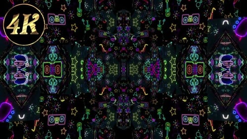 Vibrant Neon Music Symbols Kaleidoscope Looping Background