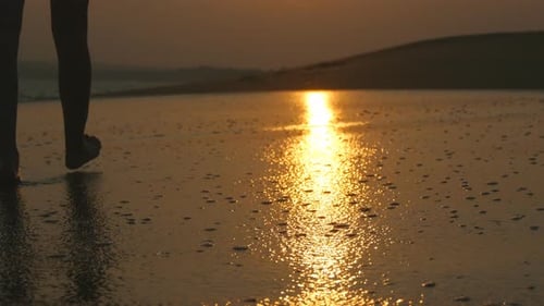 Legs of Young Woman Going Along Ocean Beach During Sunrise. Female Feet Walking Barefoot on Sea