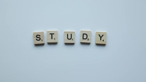 Estudo de frases de fabricação manual on-line com letras de madeira em fundo branco