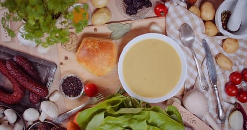 Soup In Bowl Amidst Various Ingredients Assorted On Wooden Table