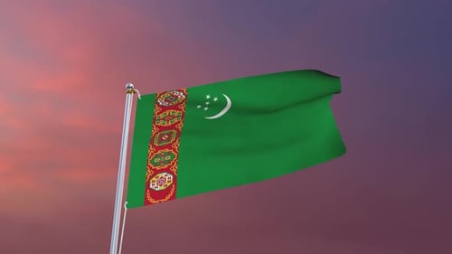 Animated Waving Flag of Turkmenistan on Pole at Sunset