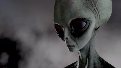 Scary Gray Alien Stands and Looks Blinking on a Dark Smoky Background. UFO Futuristic Concept. 3D