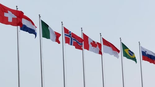Multiple National Flags Waving in the Wind