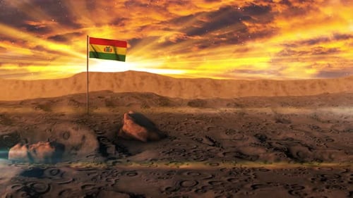 Bolivian Flag Waves on Cratered Landscape with Epic Sunset Rays
