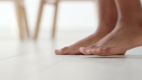 African American Naked Barefoot Woman Legs Walking Slowly Sneaking Around Furtively On Wooden Heated