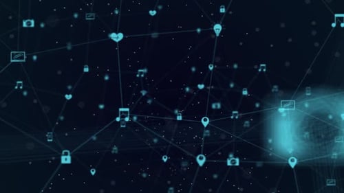 Animation of blue network connections with multimedia icons on black background