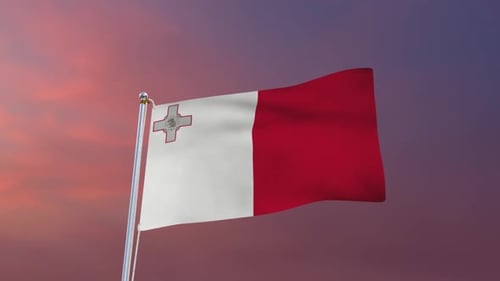 Waving Flag of Malta on Flagpole Against Sunset Sky