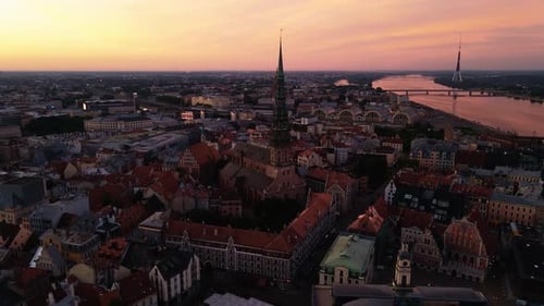 Riga Latvia Circa June 2020 Aerial View Amazing Old Town Center During Scenic Vivid Sunrise
