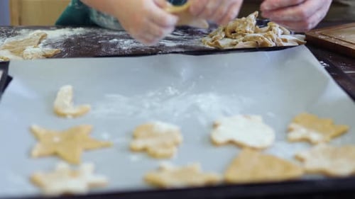 Caucasian Child Kid Hands Putting Row Dough Christmas Cookies Baking Tray Paper