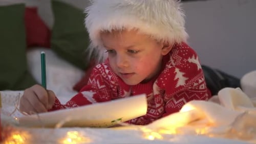 Child Writing Letter to Santa with Christmas Lights