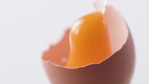 Breaking egg. Egg yolk falls into broken egg shell. Slow Motion.