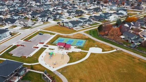 Aerial View Autumn Time Establishing Shot of American Neighborhood Suburb