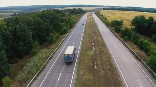 Cars Drive on One Lane of Long Road Stretching Between Trees