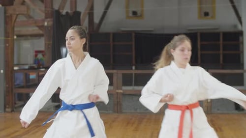 Front View of Focused Martial Artsists Lunging to Sides in Gym