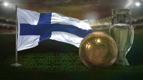 Waving Finnish Flag with Soccer Ball and Trophy in Stadium