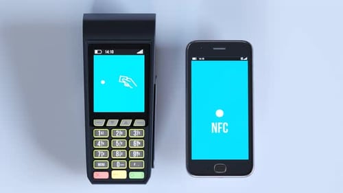 Wireless payment from smartphone application to payment terminal. NFC. 4KHD