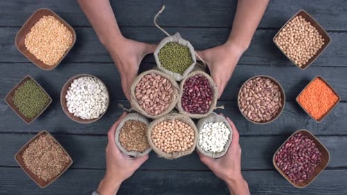 Beans and Lentils in Bowls and Sacks