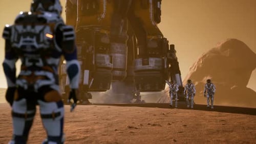 Astronauts Approach Massive Spaceship on Red Desert Planet