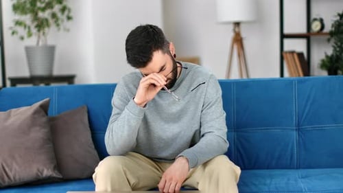 Tired Modern Man Taking Off Eyeglasses Suffering Loneliness Relationship Difficulties Treason