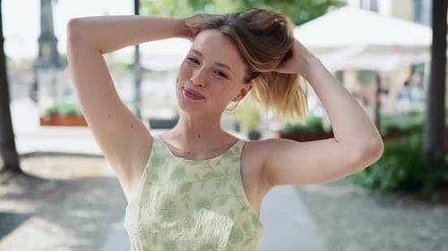 Young Happy Pretty Woman Walking in Summer City Park in Slow Motion Portrait