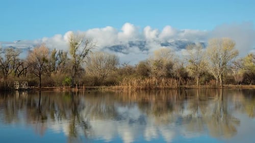 Scenic Lake with Clouds and Mountain Time Lapse Pan