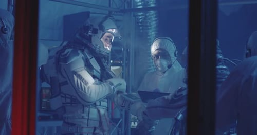 Man in Space Suit Adjusting Controls with Attendants