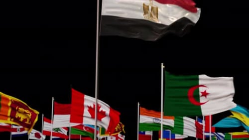 Waving Egypt Flag with International Nations Background