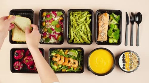 Food Delivery Top View Take Away Meals in Disposable Containers