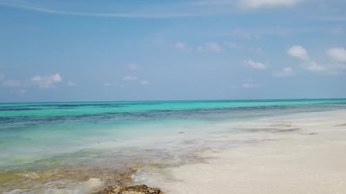 Daytime drone clean view of a paradise sunny white sand beach and blue ocean background in colorful
