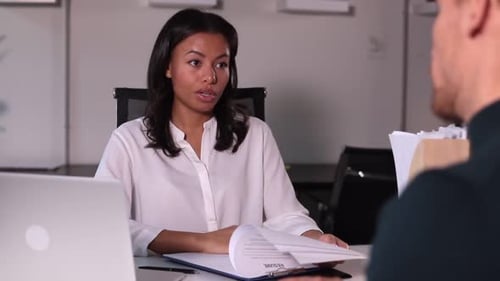 Woman Hr Employee Talking to Man Applicant at Table in Modern Office During Meeting Spbi