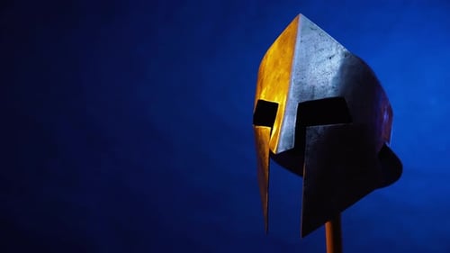 Close Up of Metal Spartan Helmet on Pole
