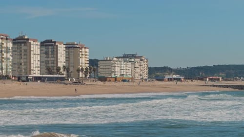 View of the Seixal Beach in Portugal, Lisbon, on a sunny winter day.