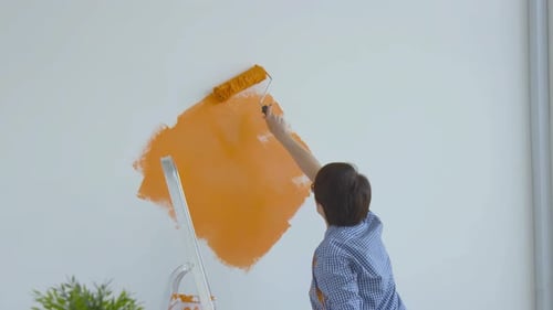 Singleton Lifestyle and Renovation Concept. Flat Renovation Concept. Happy Middle-aged Woman