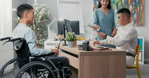 Woman Secretary of Boss Brings Him Cv Contract of the Future Employee Disabled Man in Wheelchair Has