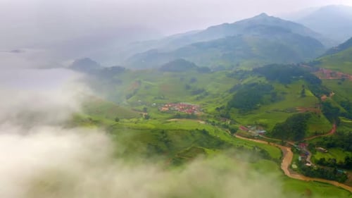 Aerial top view of paddy rice terraces, green agricultural fields