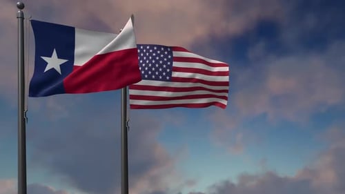 Texas and USA Flags Waving in Realistic Animation with Clouds