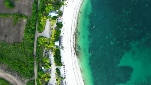 Aerial view of Tanjung Aan, Tropical island with sandy beach